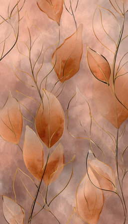 Abstract Ink-and-Wash Autumn Background with Copper Leaf Outlinesの素材