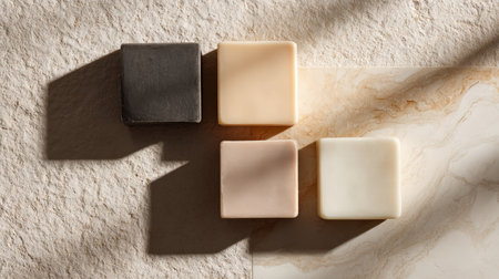 Minimalist Top-Down View of Rectangular Soap Bars on Stone Backgroundの素材