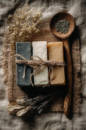 Handcrafted African Soap Bars on Burlap with Dried Herbs and Wooden Spoonの素材