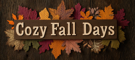 Cozy Fall Days Collage Banner with Cutout Leaves and Wood Textureの素材