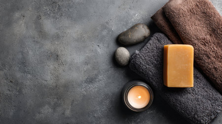 Wellness Banner with African Soap, Spa Towel, Shea Butter, and Candle on Stone Surfaceの素材
