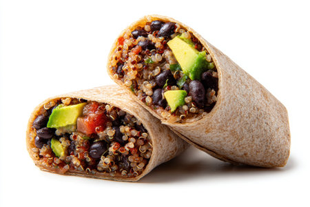 Plant-Based Burrito with Black Beans, Quinoa, Avocado, and Salsa on White Backgroundの素材