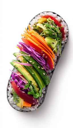 Colorful Vegan Sushi Burrito with Vegetables and Rice on White Backgroundの素材