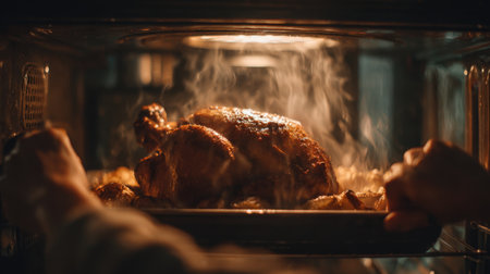 First-Person View of Basting Roast Chicken in Oven with Aromatic Steamの素材