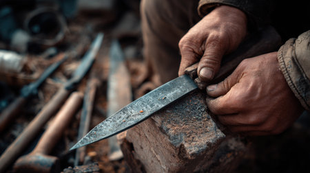Close-up of Hands Sharpening Farming Tool on Whetstone in Workshopの素材