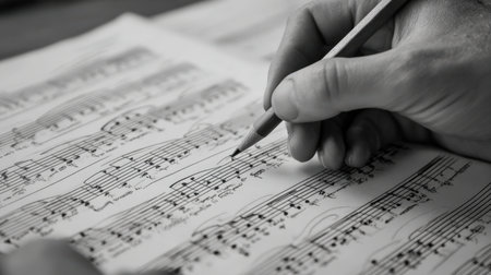 First-Person View of Hands Composing Music on Staff Paper with Pencilの素材