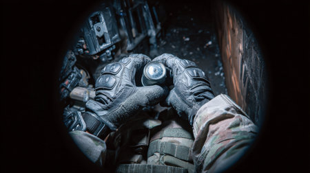 First-Person View of Loading Flashbang Grenade in Tactical Pouch Inside Dark Buildingの素材