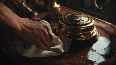 First-Person View of Hands Polishing Ships Bell with Gleaming Metal Reflectionの素材
