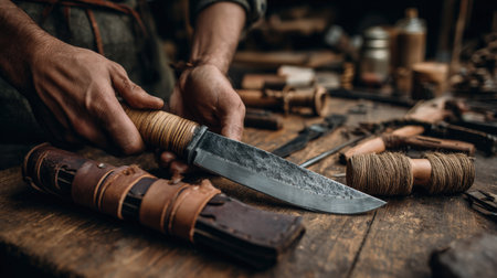 Artisan Crafting: Fitting Metal Blade into Wooden Handle in Workshopの素材
