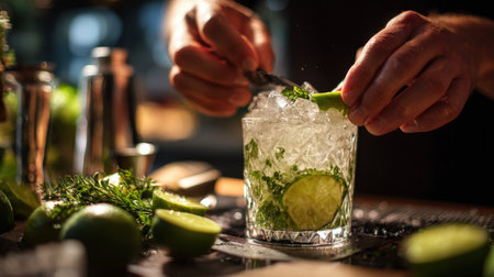First-Person View of Bartender Garnishing Cocktail with Lime and Herbsの素材