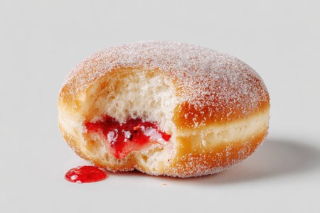 Sugar-Dusted Berliner Donut with Strawberry Filling on White Backgroundの素材