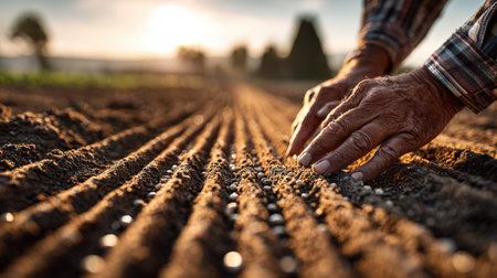 First-Person View of Farmer Planting Seeds in Sunlit Field with Neat Rowsの素材