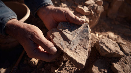 Archaeologist Brushing Dirt Off Ancient Pottery Shard at Excavation Siteの素材