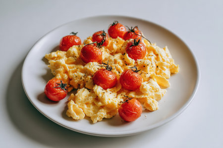 Scrambled Eggs with Roasted Cherry Tomatoes on Cream Backgroundの素材