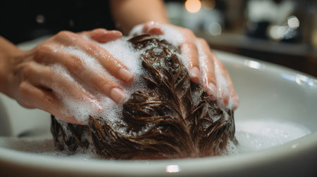 First-Person View of Scalp Massage with Shampoo in Salon Wash Basinの素材