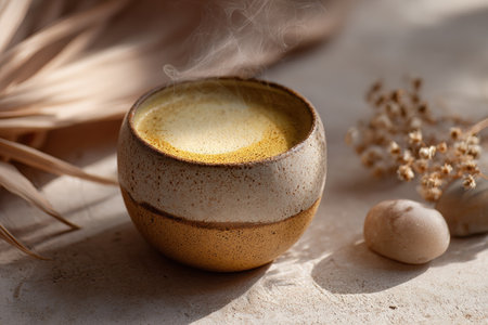 Golden Turmeric Latte in Handmade Ceramic Cup with Steam Risingの素材