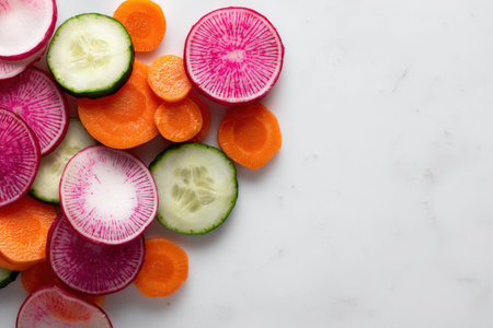 Minimalist Arrangement of Sliced Radishes, Cucumbers, and Carrots on White Surfaceの素材