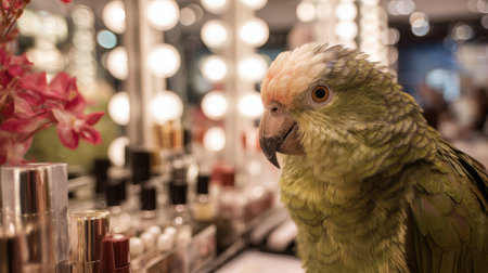 Parrot with Trendy Feathers in Boutique Salon Settingの素材