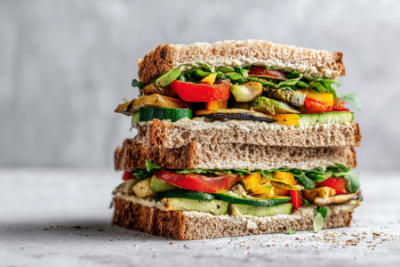 Vegan Sandwich with Grilled Vegetables and Hummus on Rye Breadの素材