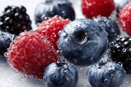 Macro Shot of Fresh Blueberries, Raspberries, and Blackberries with Water Dropletsの素材