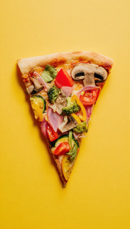 Vegan Pizza Slice with Vegetables on Yellow Backgroundの素材