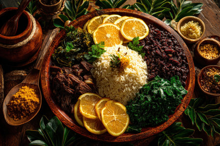Photorealistic Brazilian Feijoada Platter with Rice and Orangesの素材