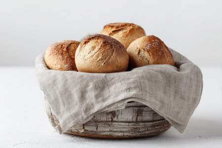Rustic Basket with Fresh Bread Rolls on Linen Cloth for Bakery Brandingの素材