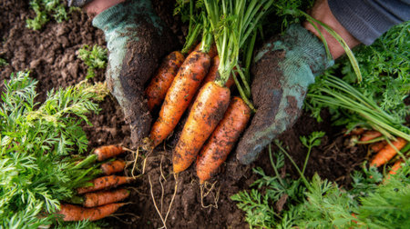 First-Person View of Hands Harvesting Fresh Carrots from Soilの素材