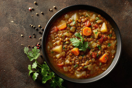 Photorealistic Lentil and Vegetable Stew with Cilantro Garnish on Neutral Surfaceの素材