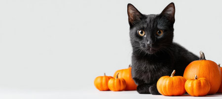 E-commerce Banner with Black Cat and Pumpkins on White Backgroundの素材