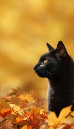 Black Cat Among Autumn Leaves with Blurred Golden Background for Textの素材