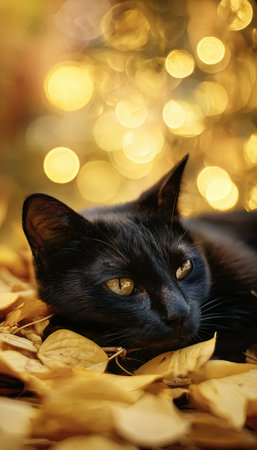 Autumn Sale Mockup with Black Cat in Golden Leaves and Bokeh Lightingの素材