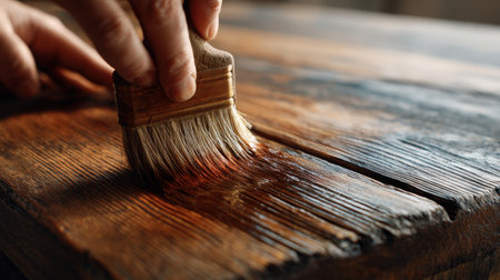 First-Person View of Applying Wood Stain to Handmade Table Surfaceの素材