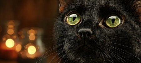 Close-Up Portrait of Black Cat with Green Eyes and Candlelight Reflectionの素材