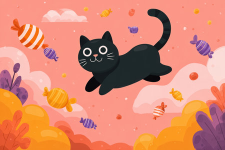 Playful Halloween Poster with Cartoon Black Cat Chasing Candyの素材