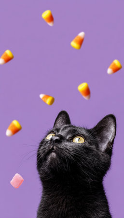Black Cat Gazing at Floating Candy Corn on Purple Backgroundの素材