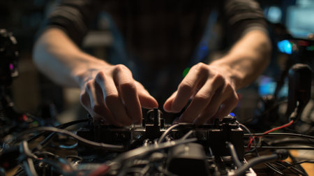 First-person View of Hands Connecting Capture Card Cables to Consoleの素材