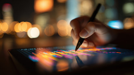 Close-up of Hand Using Stylus on Tablet with Colorful Financial Dataの素材