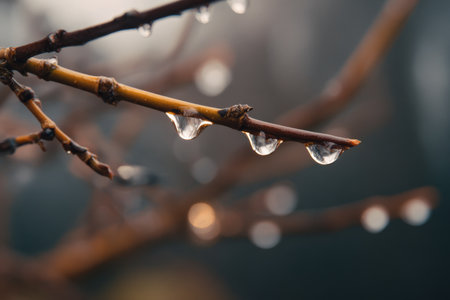 Tree Branches with Water Droplets Backlit by Sunlight After Rainの素材