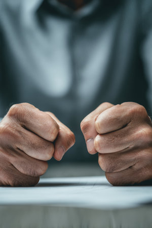 Close-up of Clenched Fists Celebrating Portfolio Successの素材