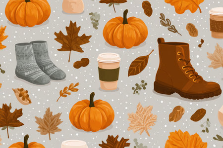 Seamless Digital Pattern of Stylized Fall Elements with Pumpkins and Leavesの素材