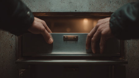 First-Person View of Hands Opening Safe Deposit Box in Vault Settingの素材