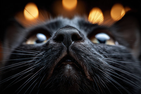 Macro Shot of Black Cats Nose with Candlelight Reflectionsの素材