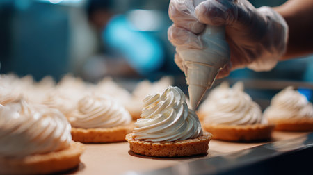 First-Person View of Piping Cream onto Pastry in Bakery Kitchenの素材