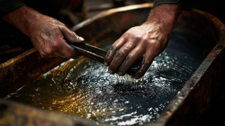 First-person view of hands cleaning metal tongs in oil bath, traditional smithing processの素材