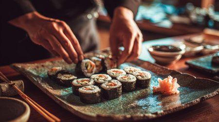 First-Person View of Hands Arranging Sushi Rolls on Ceramic Plate in Japanese Styleの素材