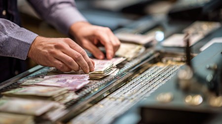 First-person view of hands counting cash at organized register in professional settingの素材
