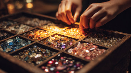 First-person view of hands arranging sparkling gemstones in a collectors boxの素材