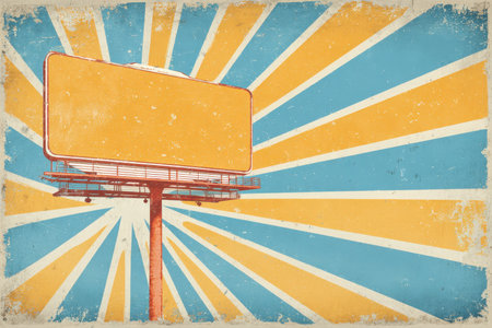 Retro Poster Illustration of a Raised Blank Sign with Vintage Sunburst Backgroundの素材