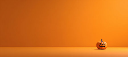 Minimalist Halloween Jack-o-lantern on Orange Background with Copy Spaceの素材